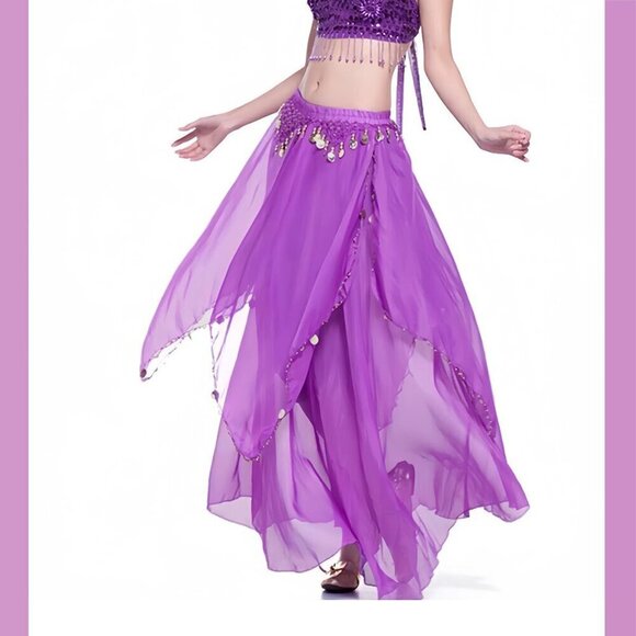Women Purple Imported Chiffon Belly Dance Costume Indian Dance Skirt with Coins main image 4